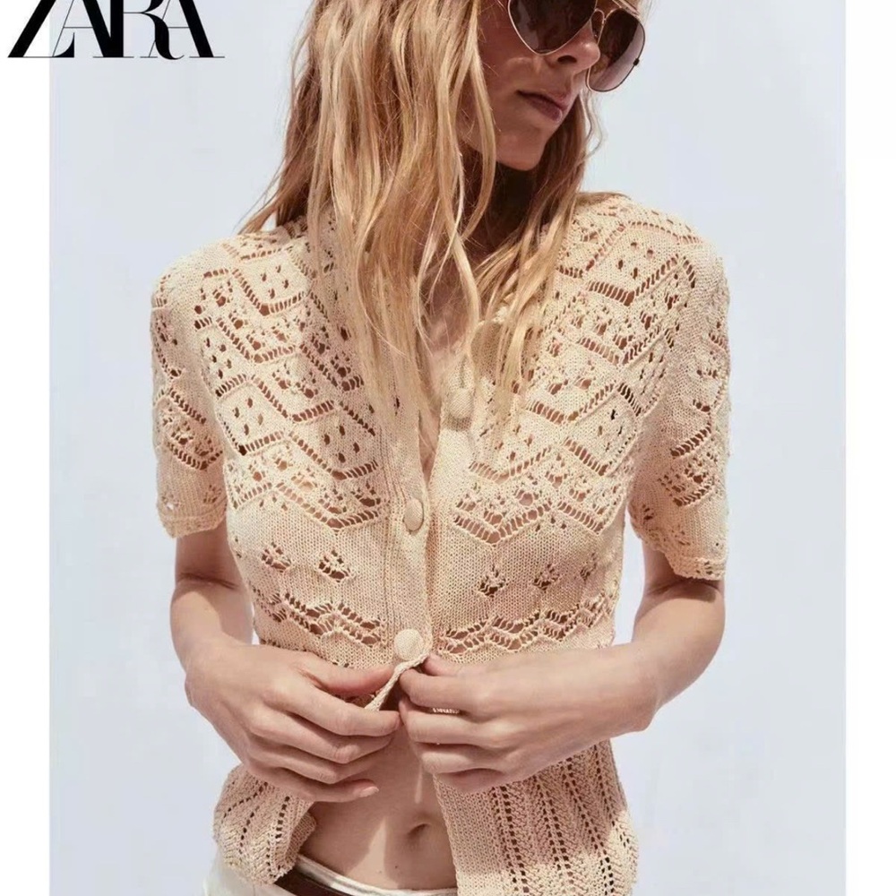 Zara Beige Crochet Button-Up Blouse
